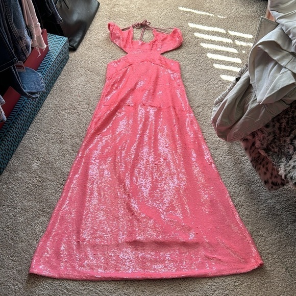 Love the Label- NWT Sequin Barbie Pink Scoop Neck Cutout Maxi Dress - Picture 7 of 10